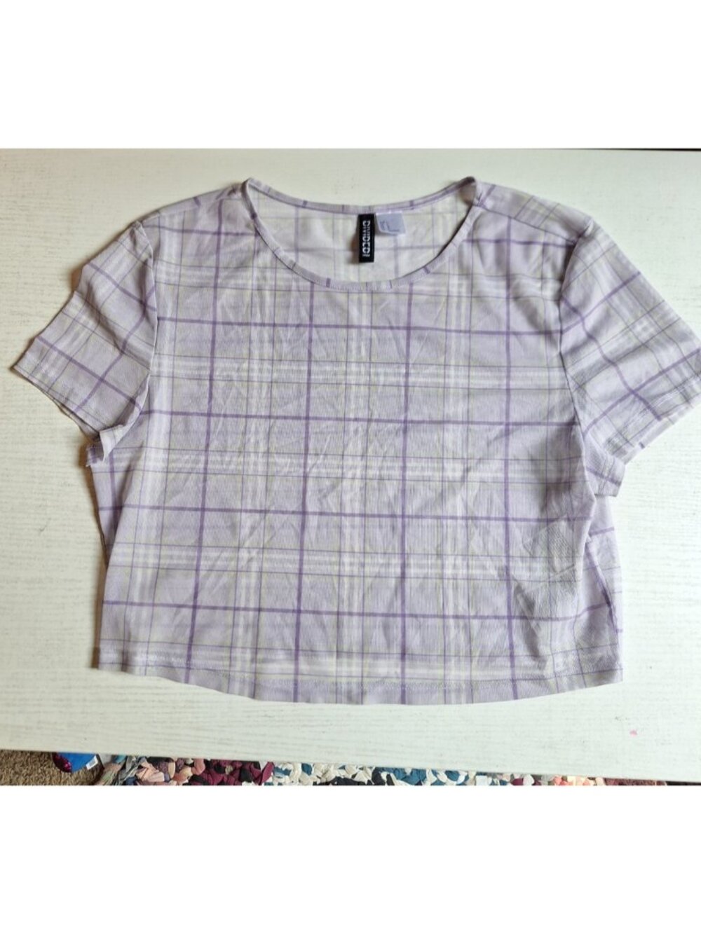 Divided H&M Shirt Womens large Purple Plaid Sheer Short Sleeve Cropped